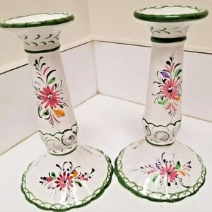Porcelain Handpainted Pair 7" Candle Holders RCCL Portugal Signed & Numbered